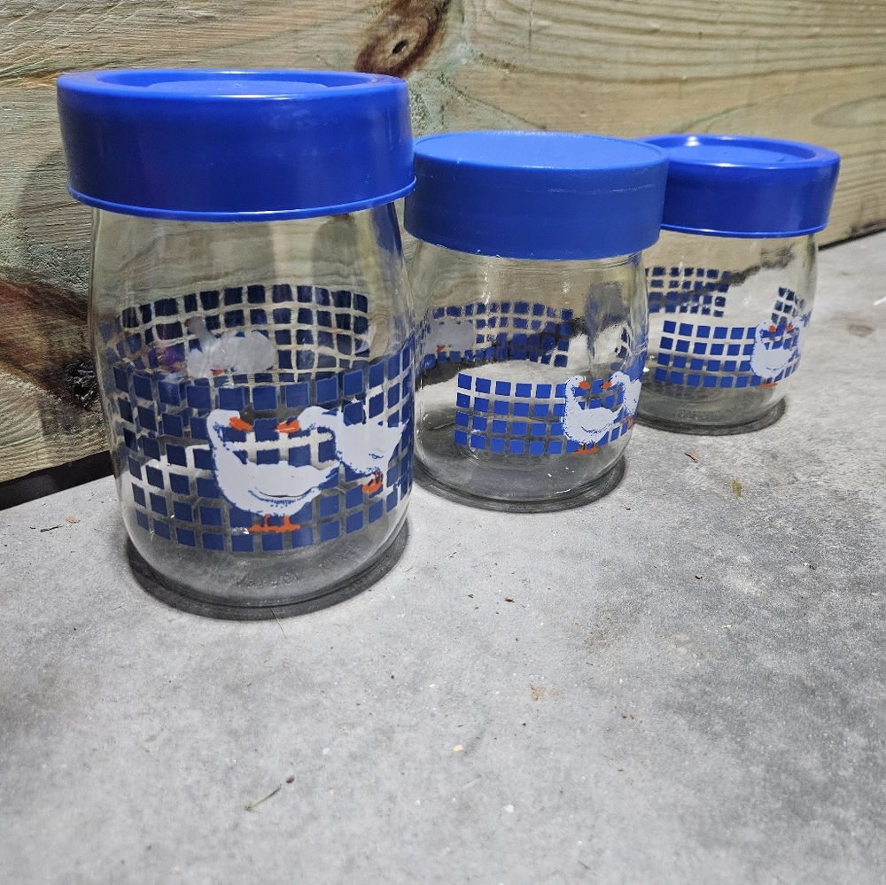 Geese Design Glass Storage Jars with Blue Lids (Carlton Glass Made In The Usa)